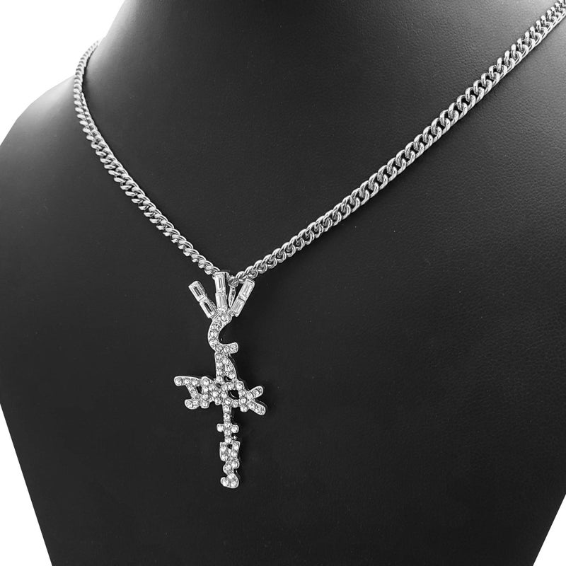 BLINGFACTORY Hip Hop Iced Crystal Cactus Jack Cross Pendant & 3mm 24 Miami Cuban Chain Necklace - Image 2